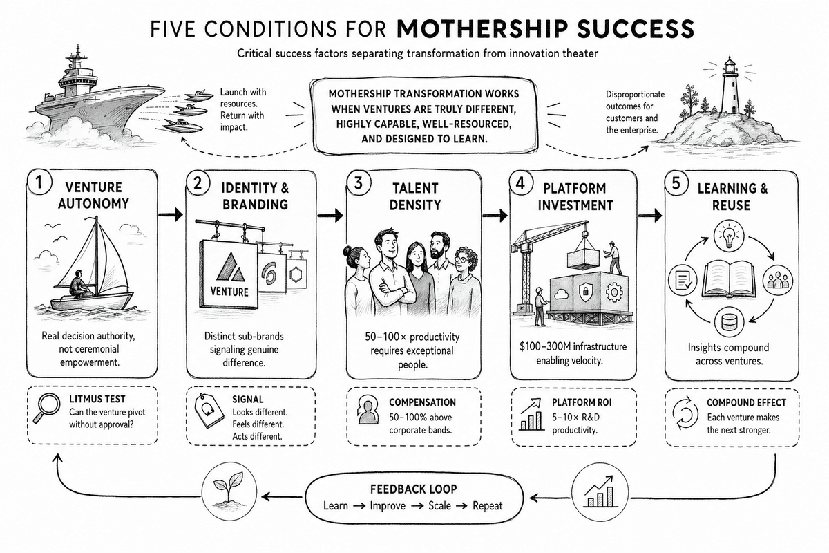 The Five Conditions for Mothership Success: genuine venture autonomy, separate brand, founder-level talent, multi-year platform investment, and cross-venture learning — all five required at once.