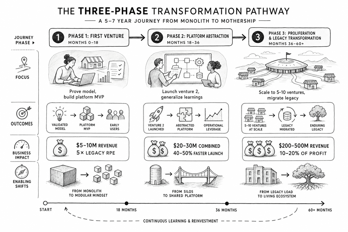 The Three-Phase Transformation Pathway: First Venture (0–18 months), Platform Abstraction (18–36), and Proliferation (36–60+), each phase with its own purpose and failure mode.