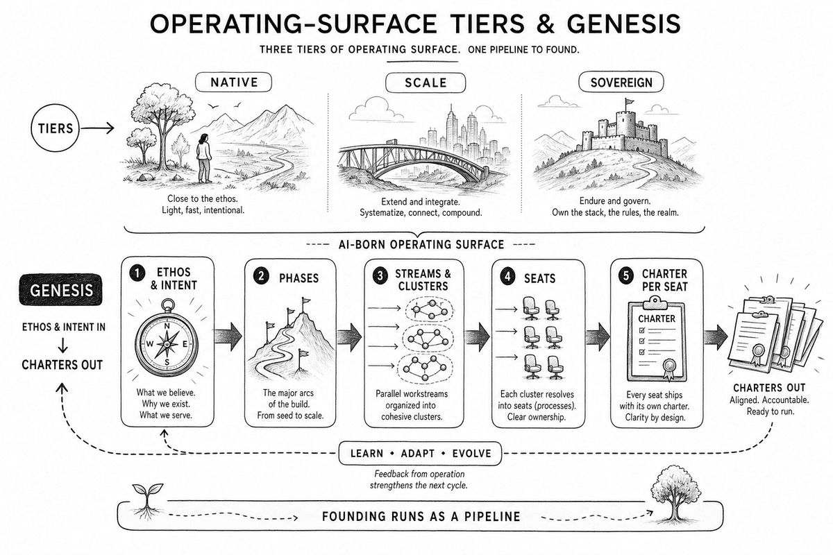 The operating-surface maturity tiers: Native, Scale, and Sovereign, each packaging the Platform Core for a different kind of organization.