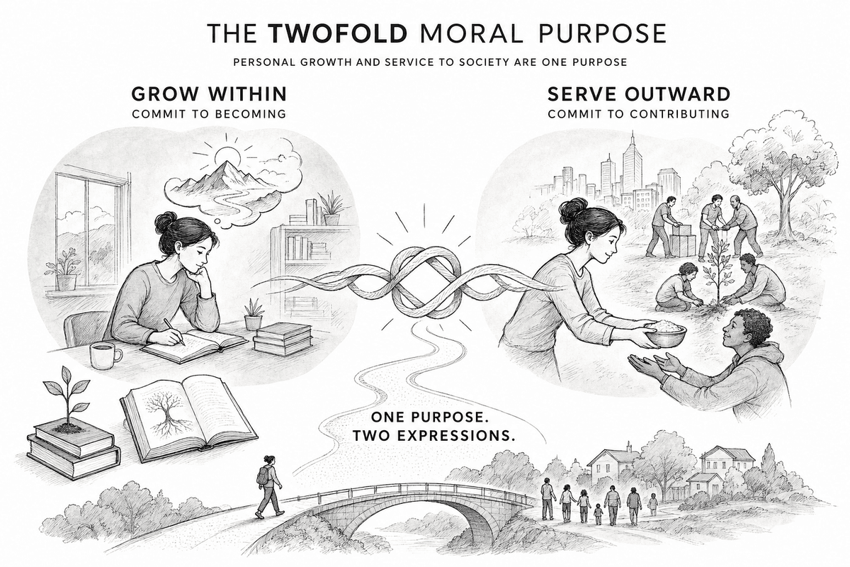 Two inseparable arcs — self-development and service to society — forming a single moral purpose.