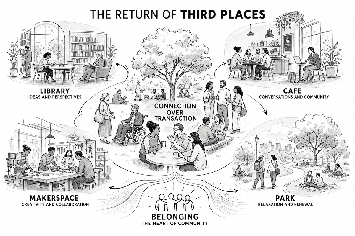The return of third places: belonging, mutual aid, and civic-economic infrastructure—the deliberate architecture of gathering beyond home and work.