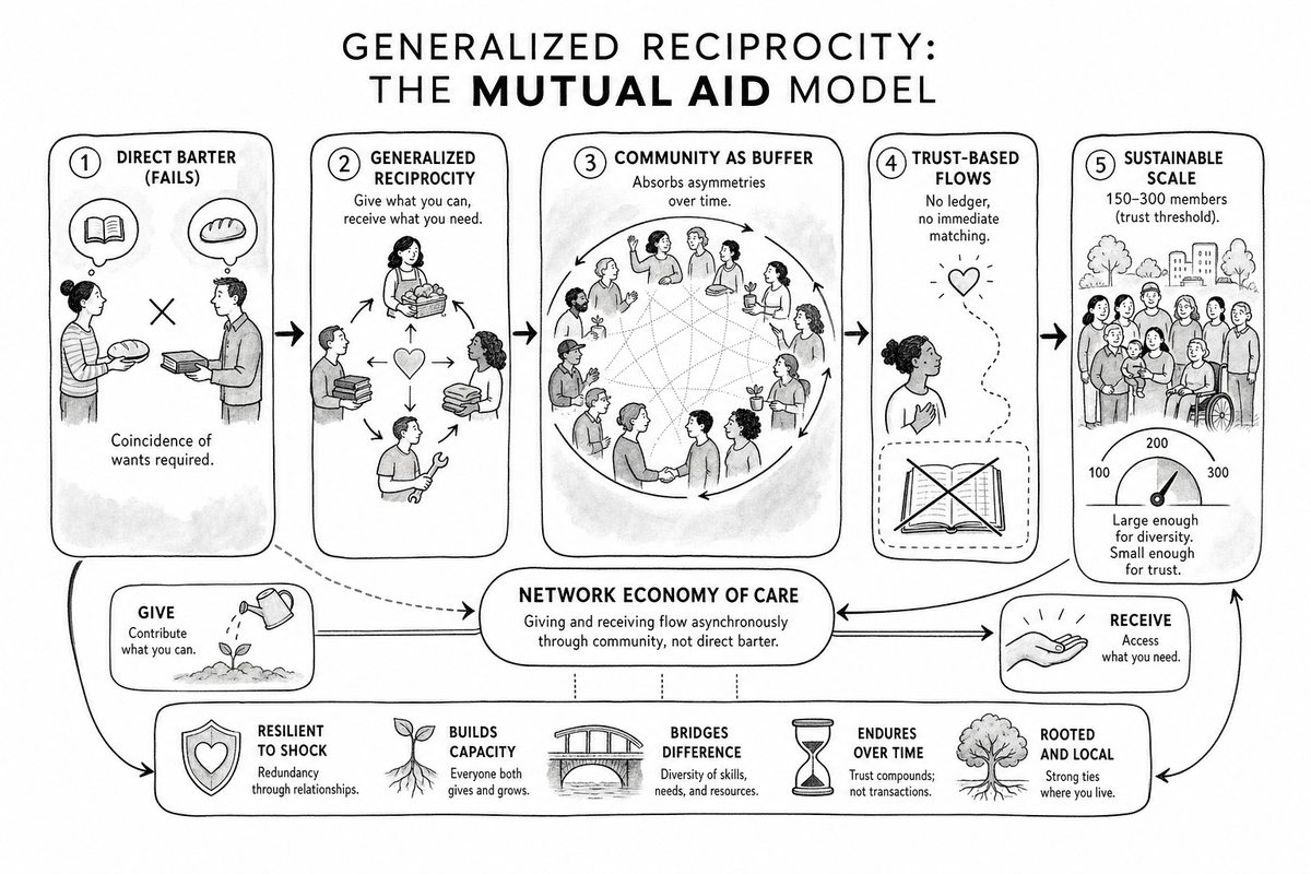 Mutual-aid network flows: horizontal exchange and generalized reciprocity converting scattered individual initiative into collective learning.