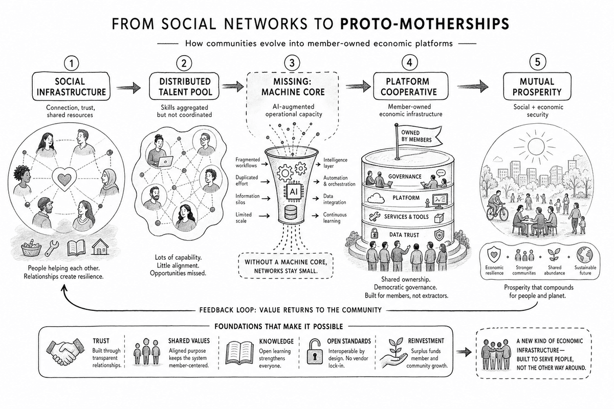 Community networks evolve toward member-owned economic platforms when they add a machine core, turning belonging and pooled talent into shared economic security.