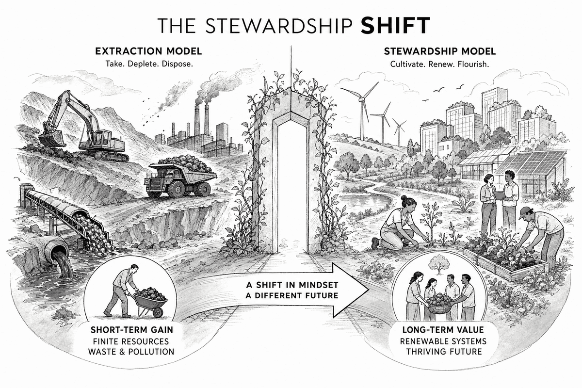 From extraction to stewardship: the shift from short-term value capture to long-term value creation, where trust advantages compound while extraction advantages erode.