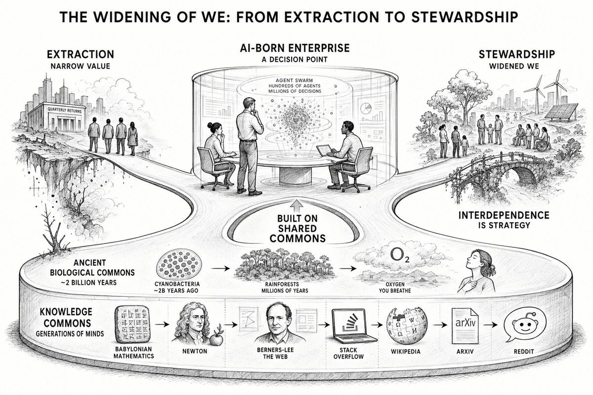 The widening of "we": the expanding circle of whose welfare an AI-Born system counts—workers, communities, the regulatory environment, the collective knowledge models were trained on.