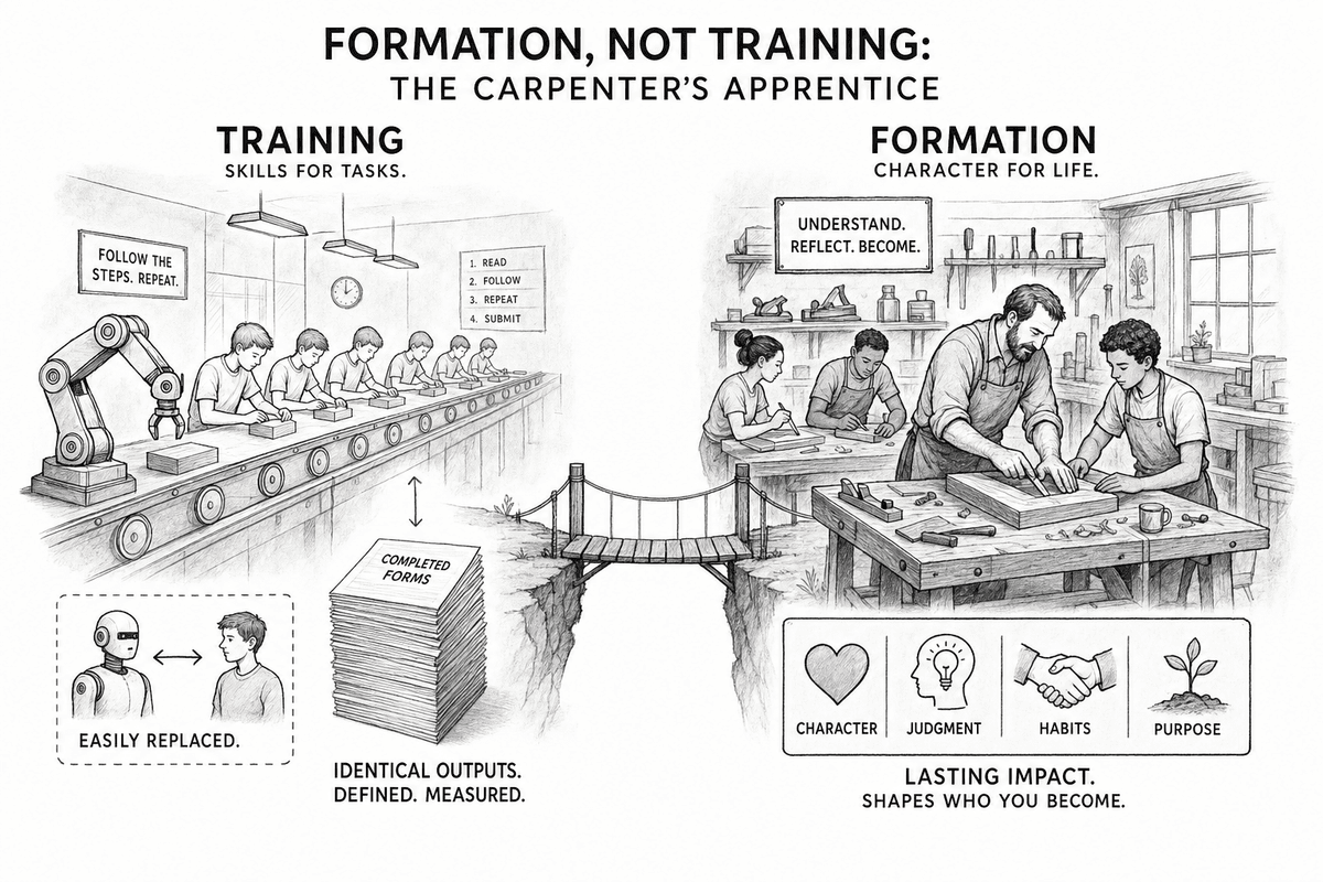 Formation versus training: training equips depreciating skills for defined tasks; formation develops the appreciating judgment to define worthy tasks.