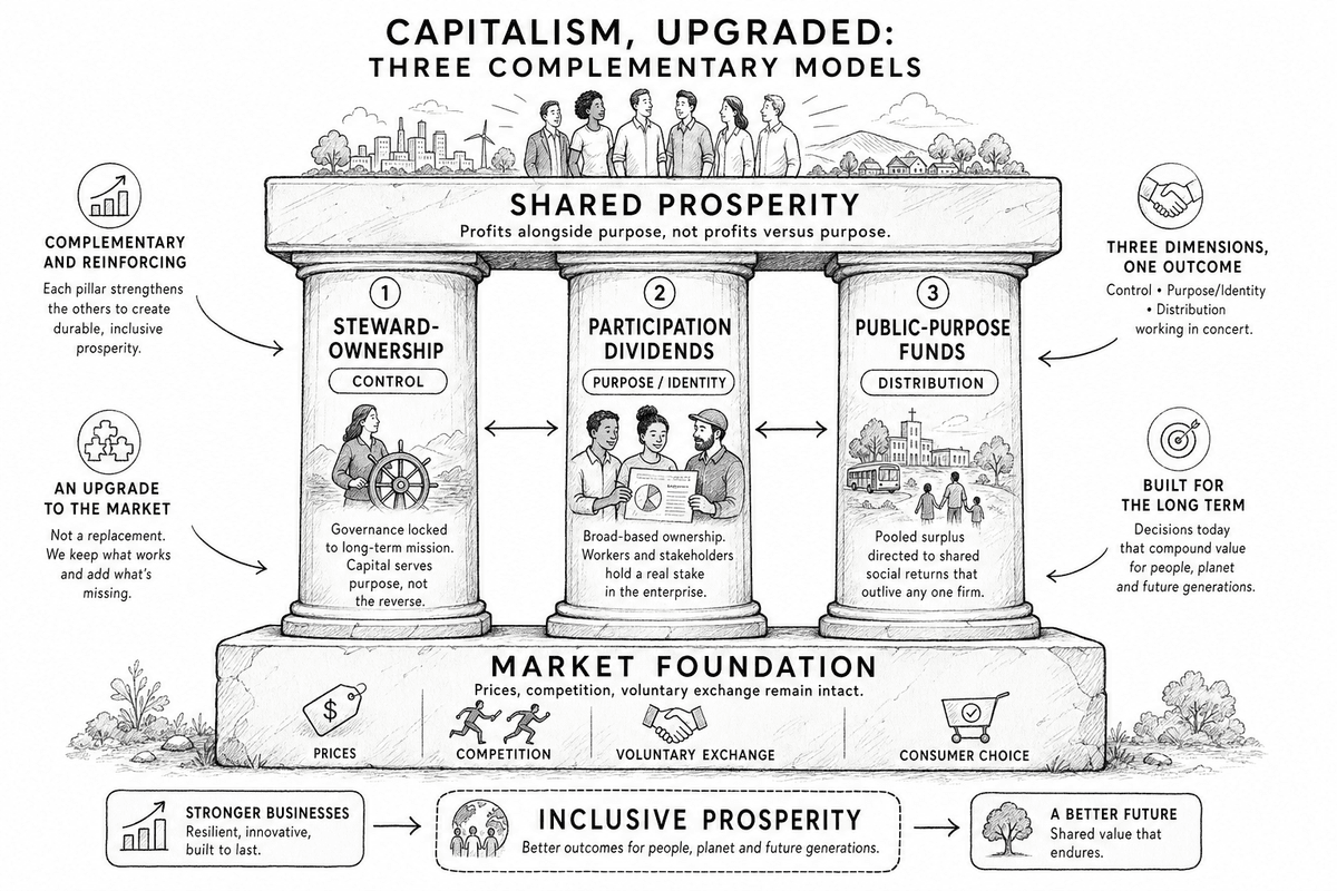 Three models for distributing AI-driven productivity gains—steward-ownership, participation dividends, and public-purpose funds—shown as the architecture of "capitalism, upgraded."