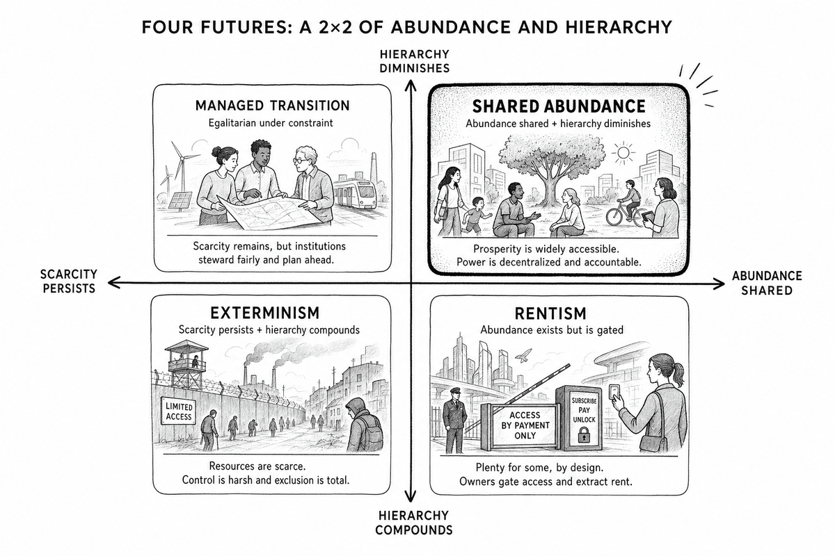 A two-by-two of possible futures, from concentrated extraction to distributed stewardship, showing that the same compounding mechanisms can resolve in very different directions depending on what gets encoded and what gets built.