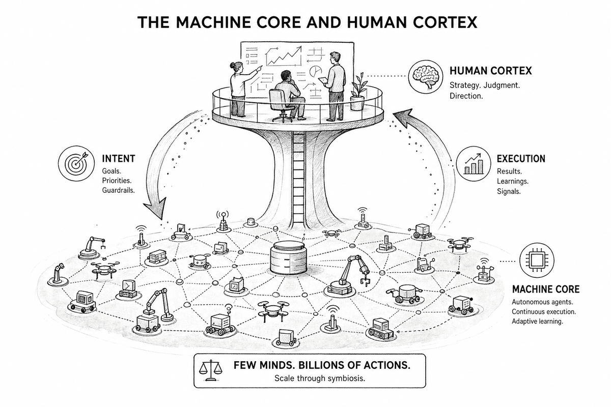 The three Human-Cortex roles: the Architect designs what the system optimizes for, the Guardian judges hard exceptions and holds accountability, and the Force Multiplier transmits taste by working alongside the team.