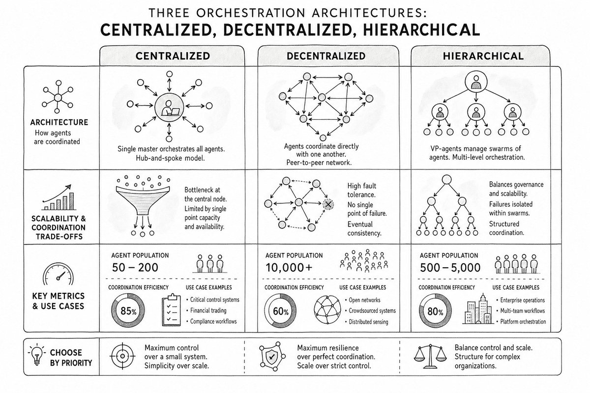 Three orchestration architectures side by side — centralized, decentralized, and hierarchical — showing how each routes decisions and where each breaks down.