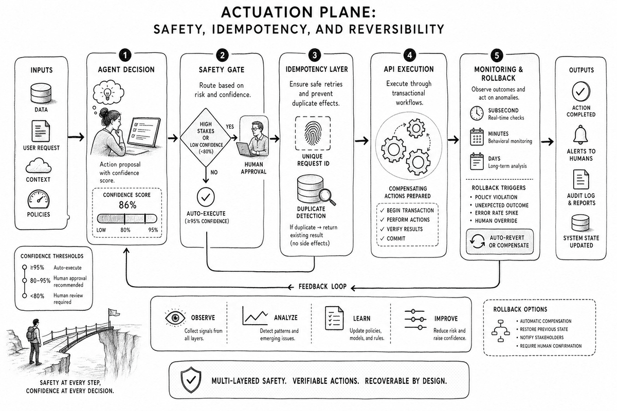The Actuation Plane's layered safety controls, the gate between an agent's decision and a real-world consequence such as an issued refund or executed contract.