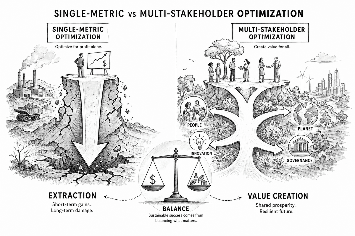 Two divergent paths from the same architecture — one optimizing for extraction, one for stewardship.