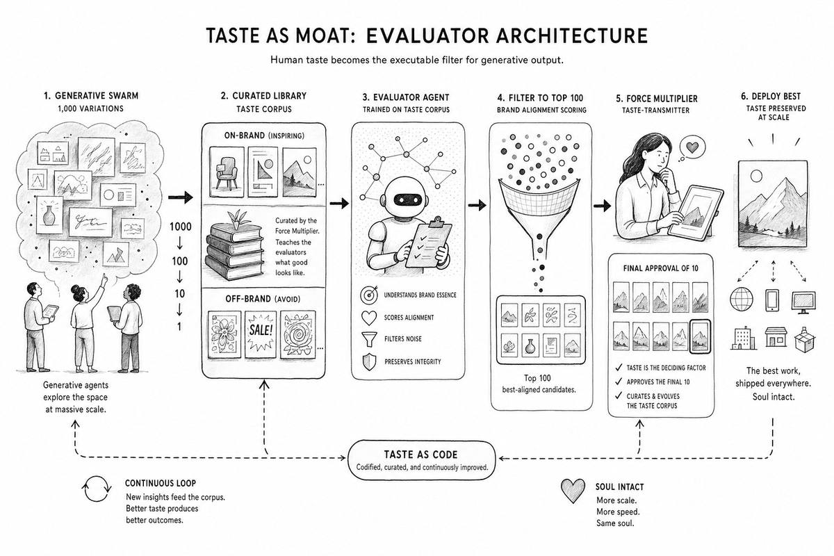 Taste as a filter: the Machine Core generates abundant variation, evaluator agents curate, and the human Force Multiplier applies final judgment on quality.