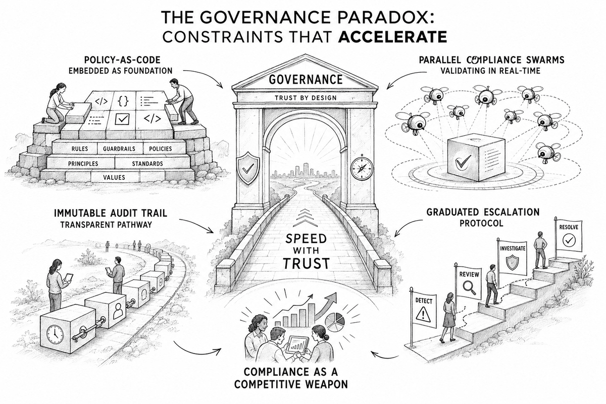 A stairway progression from policy-as-code through graduated escalation and parallel compliance to regulatory approval, showing governance architecture enabling velocity rather than hindering it.