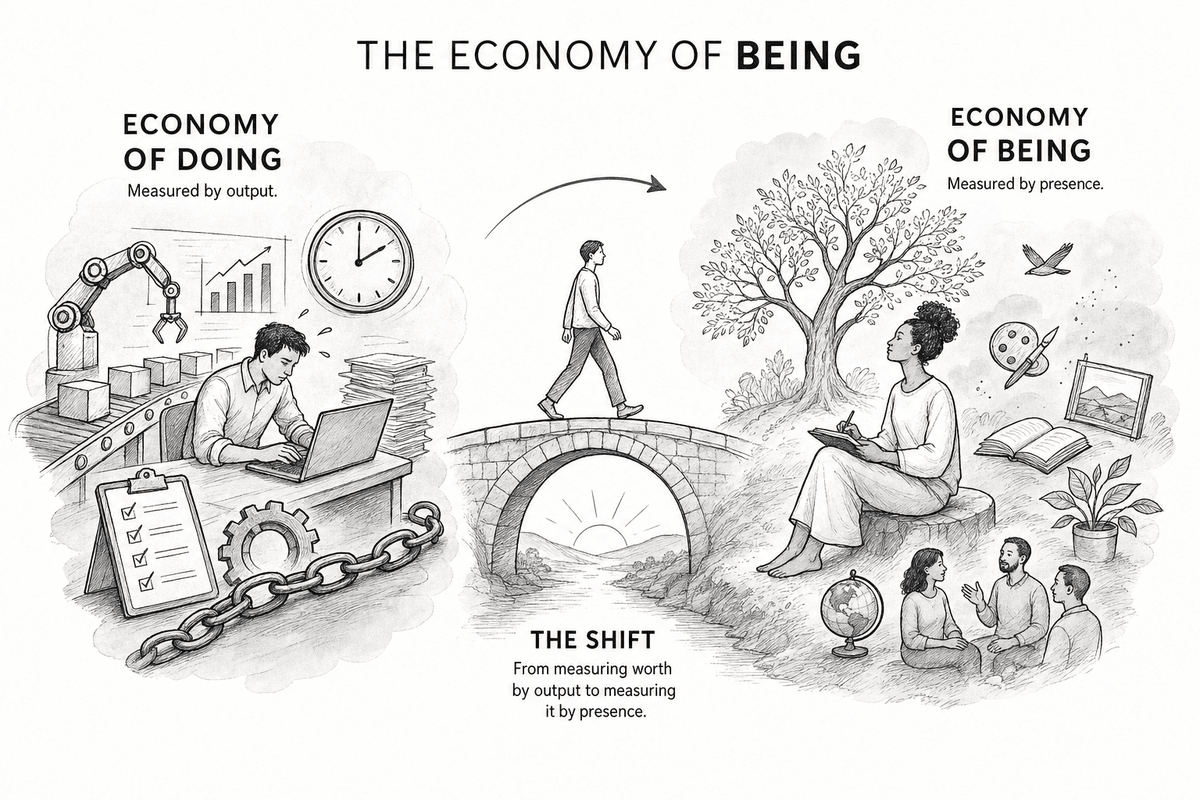 The economy of being: human value migrating from what you produce to what you intend, judge, and care for as AI absorbs execution.