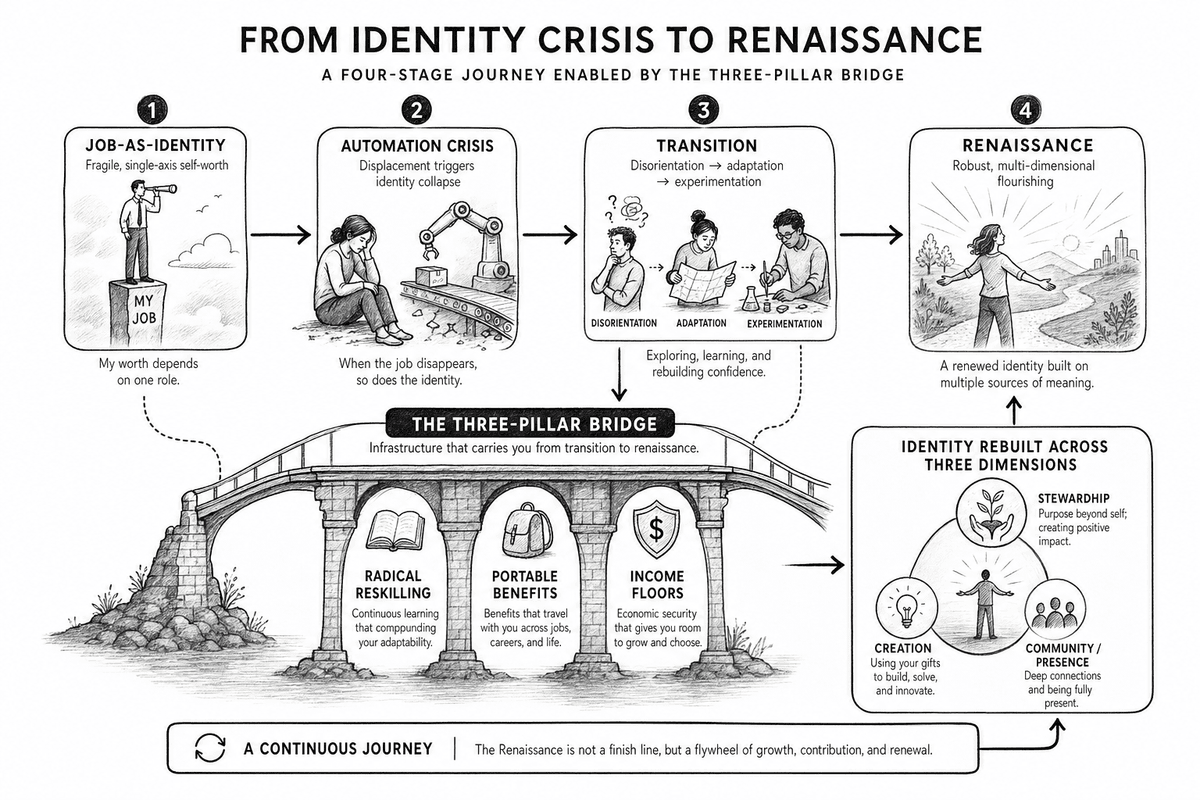 The collapse of work-based identity opening onto a possible renaissance of selfhood beyond output.