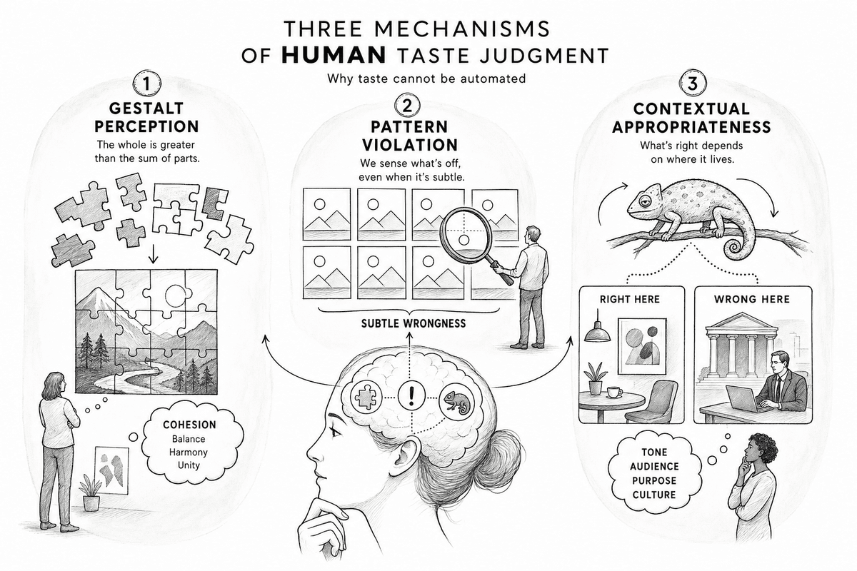 Guardian taste mechanisms: how the Force Multiplier and Guardian transmit and enforce aesthetic judgment — evaluator training, escalation review as a learning loop, and recalibration triggers.